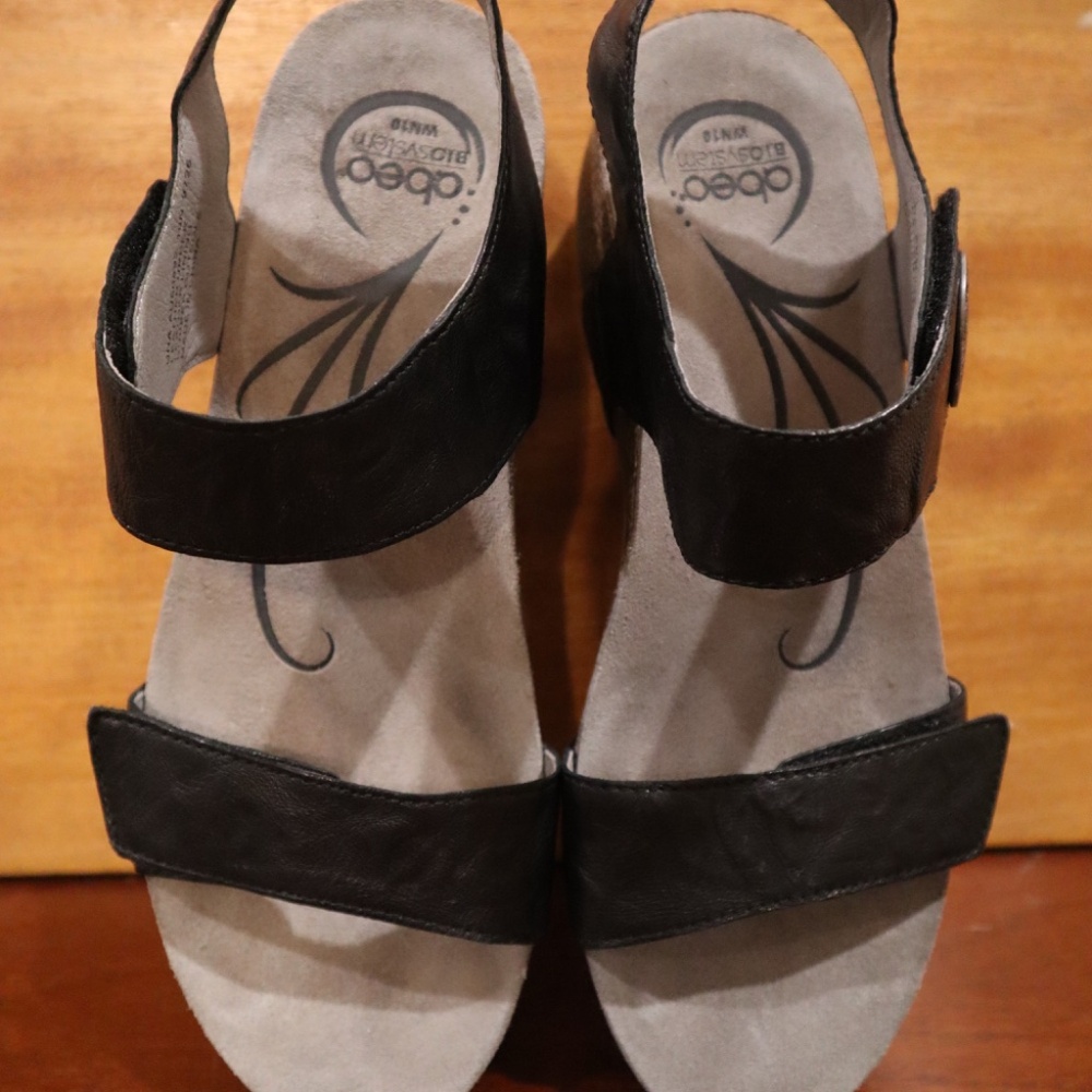 Abeo BIO Una Wedge Sandal Black Leather Women's 10N Cork Detail Adjustable Strap - Picture 4 of 6